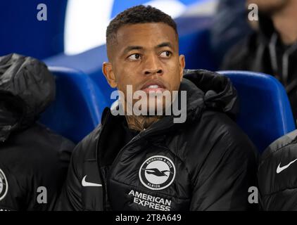 Brighton’s Igor Julio on the bench before the Brighton and Hove Albion v AFC Ajax game - UEFA Europa League Group B football match at the American Express Community Stadium, Brighton UK on Thursday October 26th 2023 Stock Photo