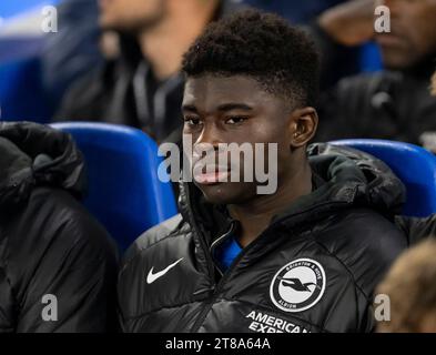 Brighton S Carlos Baleba In Action During The English Premier League Brightons Carlos Baleba On The Bench Before The Brighton And Hove Albion V Afc Ajax Game Brighton And Hove Albion V Afc Ajax Uefa Europa League Group B Football Match At The American Express Community Stadium Brighton Uk On Thursday October 26th 2023 2t8a64a