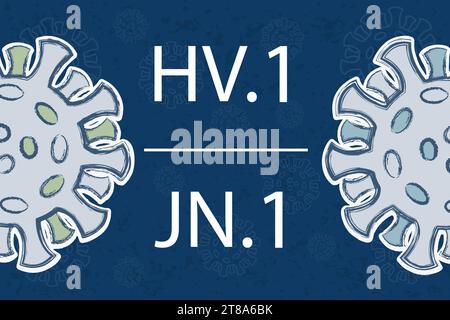 New variants of Omicron HV.1 and JN.1. White text on dark blue background. Different colors of the spike proteins of Coronavirus. Stock Vector