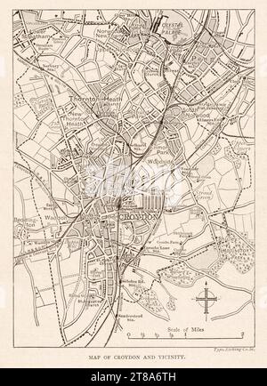 Engraving of map of Croydon with surroundings from the book: “Greater London, volume 2” by Cassel and Company, London 1898. Stock Photo