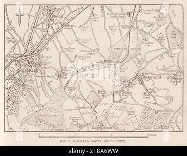 Engraving of map of Banstead Downs with surroundings from the book: “Greater London, volume 2” by Cassel and Company, London 1898. Stock Photo