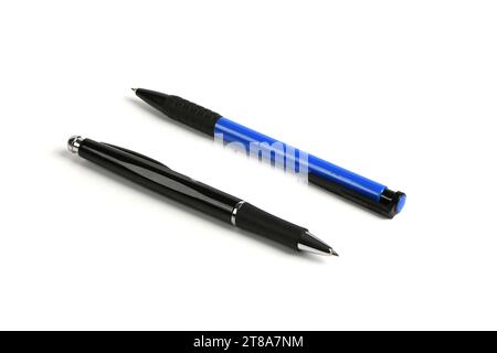 Business blue and black automatic ballpoint pen isolated on white. High resolution photo. Full depth of field. Stock Photo