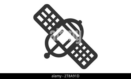 Artificial satelite in orbit around earth. Flat style. On white background. Thin line. Stock Vector