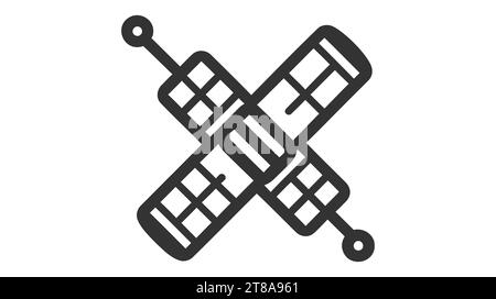 Artificial satelite in orbit around earth. Flat style. On white background. Thin line. Stock Vector