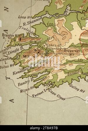 An antique geographical sepia coloured map of Ireland showing the south west coast and River Shannon. Stock Photo