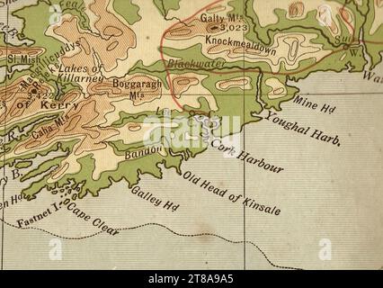 An antique geographical sepia coloured map of Ireland showing the south coast. Stock Photo