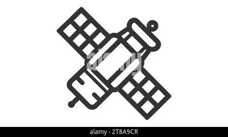 Artificial satelite in orbit around earth. Flat style. On white background. Thin line. Stock Vector