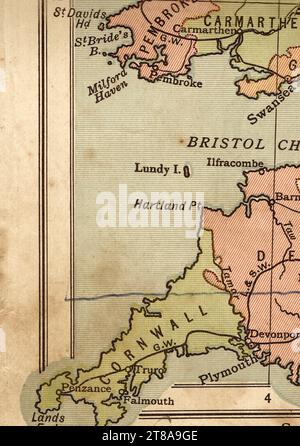 An antique political sepia coloured map of England and Wales showing Cornwall and south Wales. Stock Photo