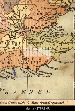 An antique political sepia coloured map of England and Wales showing London and the south east. Stock Photo