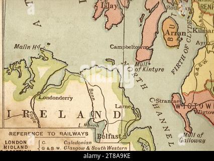 An antique political sepia coloured map of Scotland showing the west coast and Northern Ireland. Stock Photo
