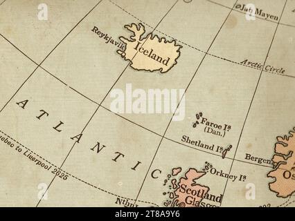 An antique political sepia coloured map showing Iceland and the northern tip of Scotland. Stock Photo