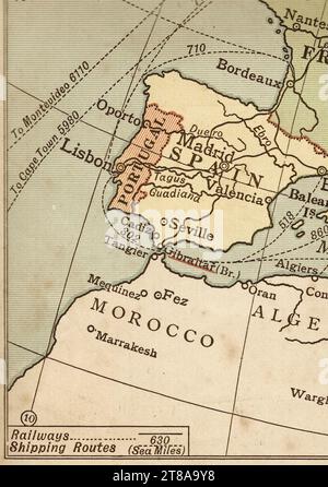 An antique political sepia coloured map showing Spain, Portugal and Morocco. Stock Photo