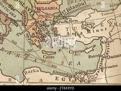 An antique political sepia coloured map showing Egypt, Greece and Turkey. Stock Photo