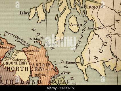 An antique political sepia coloured map showing parts of Northern Ireland and Scotland. Stock Photo