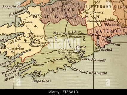 An antique political sepia coloured map showing the south coast of Ireland and the counties of Waterford, Cork and Derry. Stock Photo