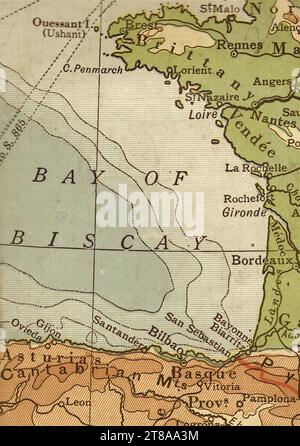 Antique geographical map in sepia of the bay of Biscay. Stock Photo