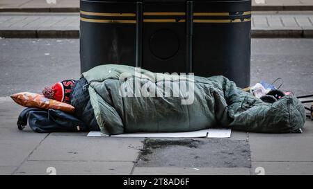 London, UK. 19th Nov, 2023. Following former Home Secretary Suella Braverman's controversial comments describing some people being homeless 'as a choice' and tents to be removed from them, rough sleepers are seen near Oxford Street in central London, sleeping without tents and in just sleeping bags in cold winter weather this morning. Credit: Imageplotter/Alamy Live News Stock Photo