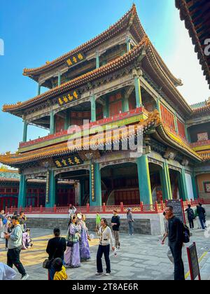Beijing, China, Large Crowd, Chinese Tourists Visiting Urban Monument, 'The Forbidden City', Historic Monuments, 'Belvedere of Pleasant SOunds' Stock Photo
