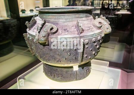 Shanghai China 9th Jun 2023: the ZUN (wine Vessel) with OX head and animal mask in Shanghai museum. From Late Shang Dyansty Stock Photo