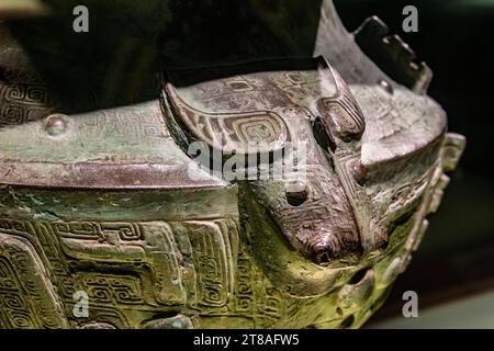 Shanghai China 9th Jun 2023: the ZUN (wine Vessel) with OX head and animal mask in Shanghai museum. From Late Shang Dyansty Stock Photo