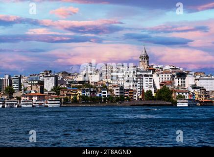 Istanbul city view, unique view of old houses with Galata tower. Stock Photo