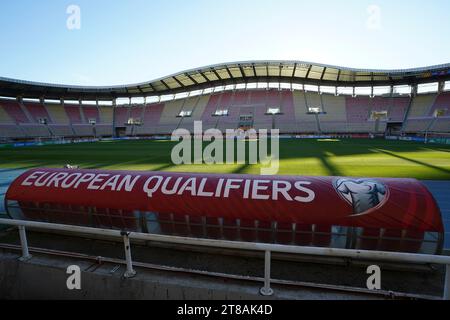 UEFA European qualifiers branding in front of the pitch ahead of a press conference at Todor Proeski National Arena, Skopje, North Macedonia. Picture date: Sunday November 19, 2023. Stock Photo