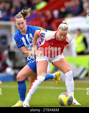 Crawley UK 19th November 2023 - Beth Mead of Arsenal holds off Elisabeth Terland of Brighton during the Barclays  Women's Super League football match between Brighton & Hove Albion and Arsenal at The Broadfield Stadium in Crawley (Editorial Use Only) : Credit Simon Dack /TPI/ Alamy Live News Stock Photo