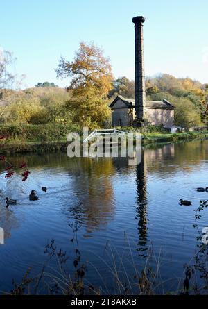 The Leawood Pump House (1849) reflected in the still water of Cromford Canal. Cromford, Derbyshire, UK, November 17, 2023. Stock Photo