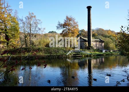 The Leawood Pump House (1849) reflected in the still water of Cromford Canal. Cromford, Derbyshire, UK, November 17, 2023. Stock Photo