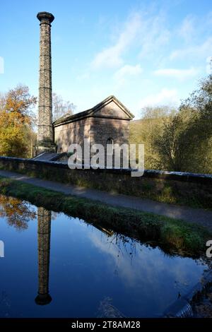 The Leawood Pump House (1849) reflected in the still water of Cromford Canal. Cromford, Derbyshire, UK, November 17, 2023. Stock Photo