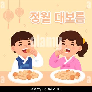 Korean text: Daeboreum (First Full Moon), traditional celebration. Cute little children cracking nuts with teeth (Bureom). Cartoon vector illustration Stock Vector