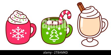 Christmas drinks, coffee with whipped cream, hot chocolate with marshmallows, eggnog. Kawaii hand drawn doodles. Cute cartoon vector illustration set. Stock Vector