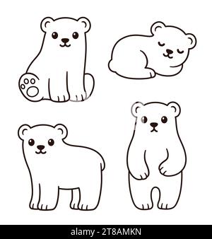 Cute cartoon bear cubs line art drawing set. Black and white outline for coloring, simple vector clip art illustration. Stock Vector