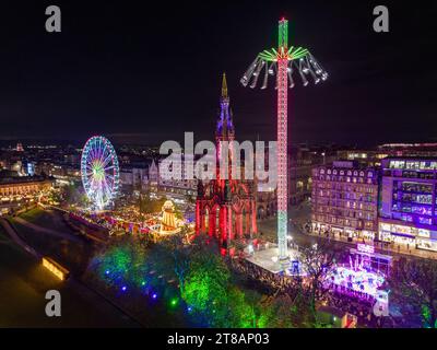 Edinburgh, Scotland, UK. 17th November, 2023. An aerial view of the Christmas Market in East Princes Street Gardens which opened this evening and was Stock Photo