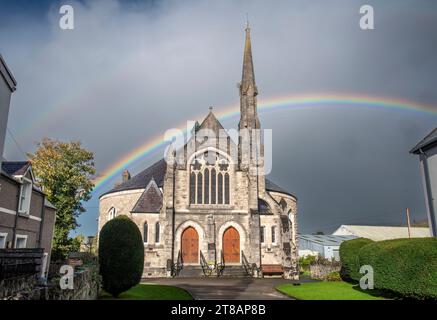 Rainbow over Ruthin Tabrnacle Chapel in the market town and community in Denbighshire, Wales, in the south of the Vale of Clwyd. One of the two survin Stock Photo