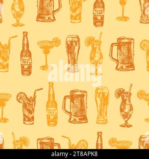Vector rows of alcoholic drinks monochrome seamless repeat pattern with orange background. Suitable for textile, beverage menu and wallpaper. Stock Vector