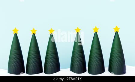 3d rendering of a row of Christmas trees with yellow stars on top, standing in a snowy ground with a fence in the background. The image evokes a sense Stock Photo