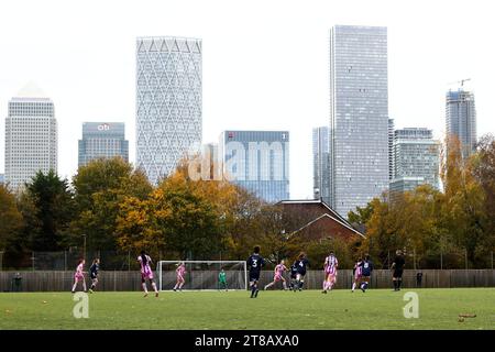 London, UK. 19th Nov, 2023. London, England, November 19th 2023: Scenic shot with Canary Wharf in the background during the London and South East Regional Womens Premier League game between Millwall and Dulwich Hamlet at St Paul's Sports Ground in London, England. (Liam Asman/SPP) Credit: SPP Sport Press Photo. /Alamy Live News Stock Photo