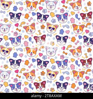 Cute dogs and puppies pet faces, their food and hobbies seamless pattern. Dog smiles, winks his owner. Food, treats, home and care. Ornament for print Stock Vector