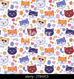 Cute faces of kitty pet faces, their food and hobbies seamless pattern. Red kitten smiles, winks his owner. Food, treats, home and care. Ornate for co Stock Vector