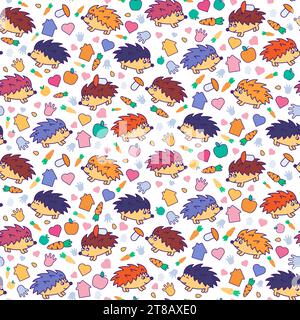 Cute spiny hedgehogs pet, their food and hobbies Seamless Pattern. Spiny hedgehogs smiles, winks his owner. Food, treats, home and care. Ornament for Stock Vector