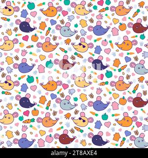 Cute mice and rats pet faces, their food and hobbies seamless pattern. Mouses and rats smiles, winks his owner. Food, treats, home and care. Ornament Stock Vector
