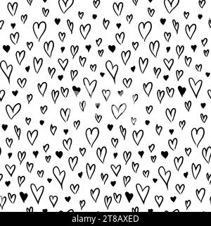 Grunge Black Heart seamless pattern with hand drawn abstract symbols. Ornament for printing on fabric, cover and packaging. Simple black and white vec Stock Vector