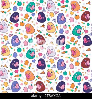 Cute ara parrot pet faces, their food and hobbies seamless pattern. Cockatoo parrot smiles, winks his owner. Food, treats, home and care. Ornament for Stock Vector