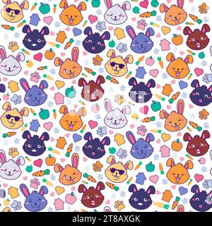 Cute hares and rabbits pet faces, their food and hobbies seamless pattern. Hares and rabbits smiles, winks his owner. Food, treats, home and care. Orn Stock Vector