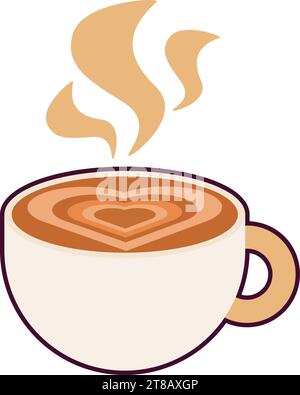Ceramic mug with hot Coffee Latte and foam pattern on surface in form of heart. Invigorating coffee drinks. Simple colored stroked vector icon isolate Stock Vector