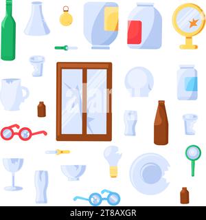 Collection of broken Unwanted Glass Objects. Items out of use and subject to disposal. Recycling of Glass industrial products. Cartoon vector isolated Stock Vector