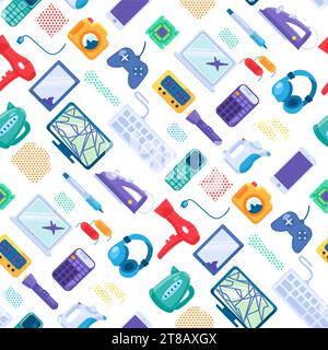 Electronic devices separation seamless pattern with kettle, headphone, laptop, tablet, phone, dryer, camera, smartphone. Ornate for printing on fabric Stock Vector