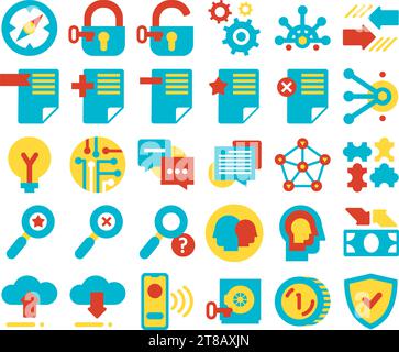 Flat colored icons of business technologies. Document flow, cloud technologies, exchange arrows, data storage, organization of business processes. Sim Stock Vector