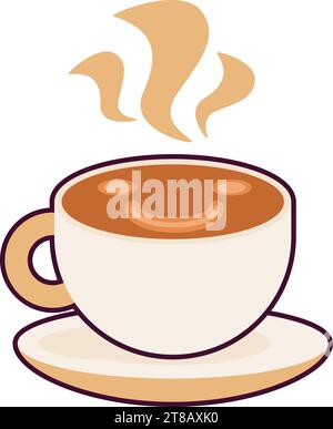 Ceramic cup with Coffee and foam pattern on surface in form of happy smiling face. Invigorating coffee drinks. Simple colored stroked vector icon isol Stock Vector